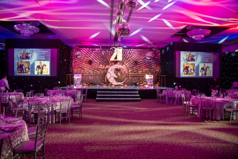 Ballroom set for an awards dinner