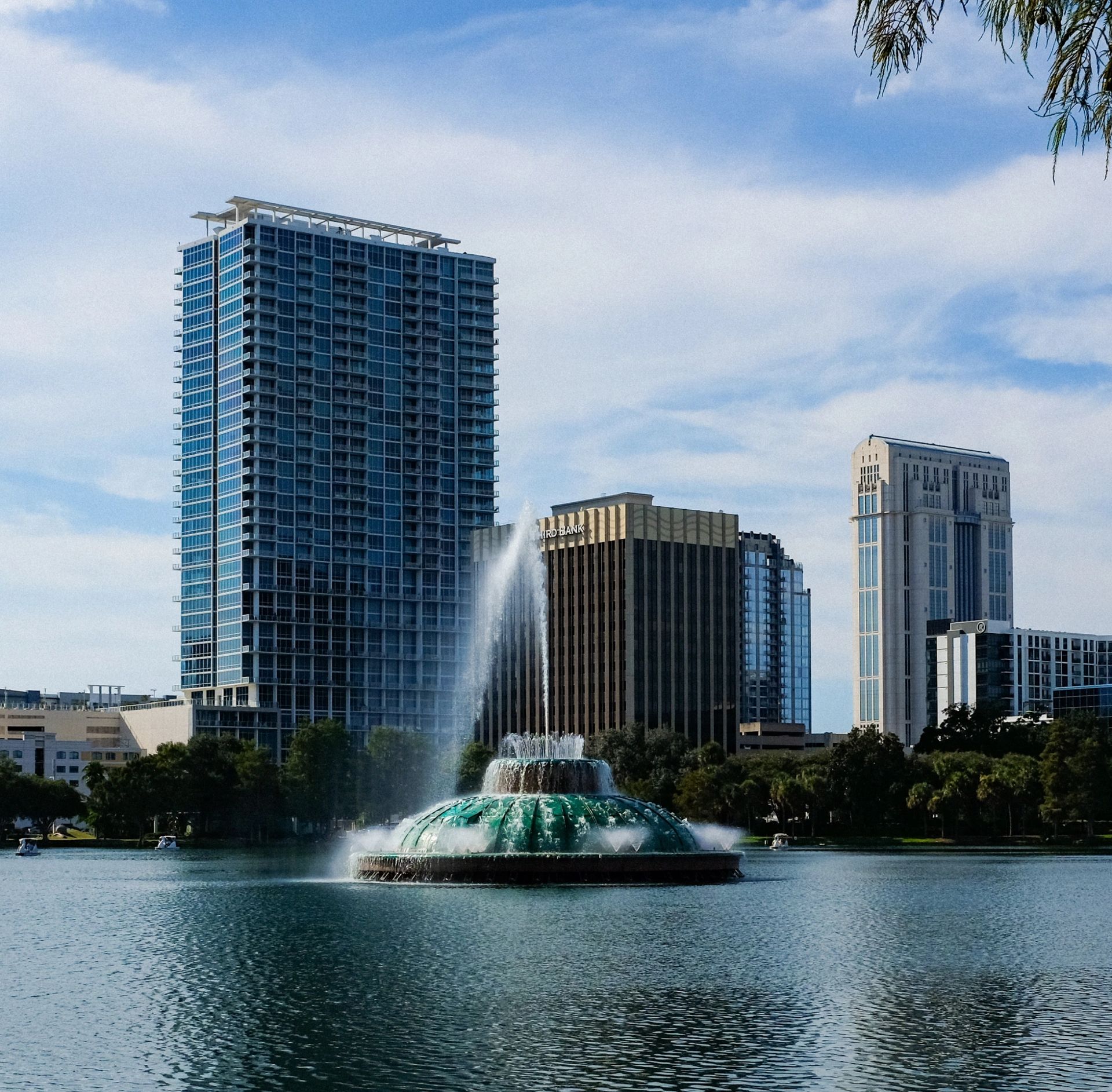 Lake Eola fountain and downtown Orlando skyline